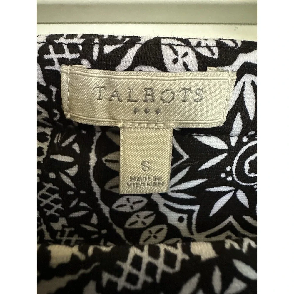 Talbots Black White Medallion Print Pompom Short Sleeve Shift Dress‎ Size Small - Picture 3 of 4